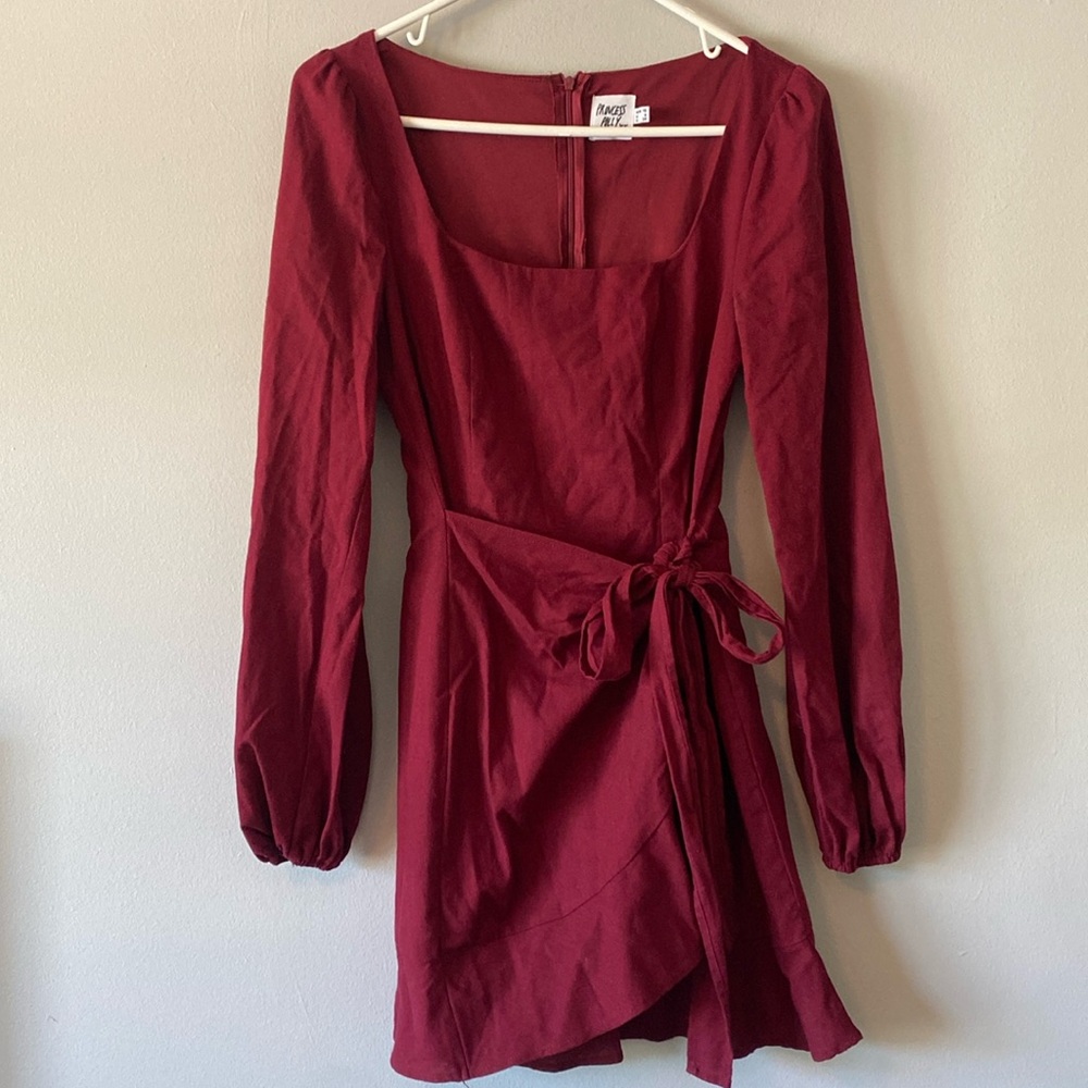 Princess Polly Burgundy The Villa Long Sleeve Ruffle wrap dress